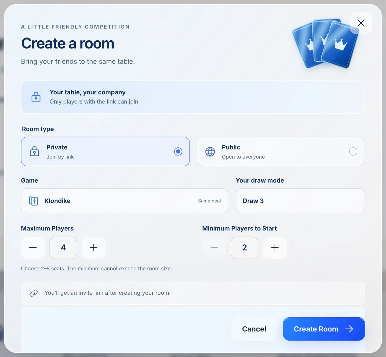 The Create a room dialog with Private selected, Klondike, Draw 3 and a Create Room button.