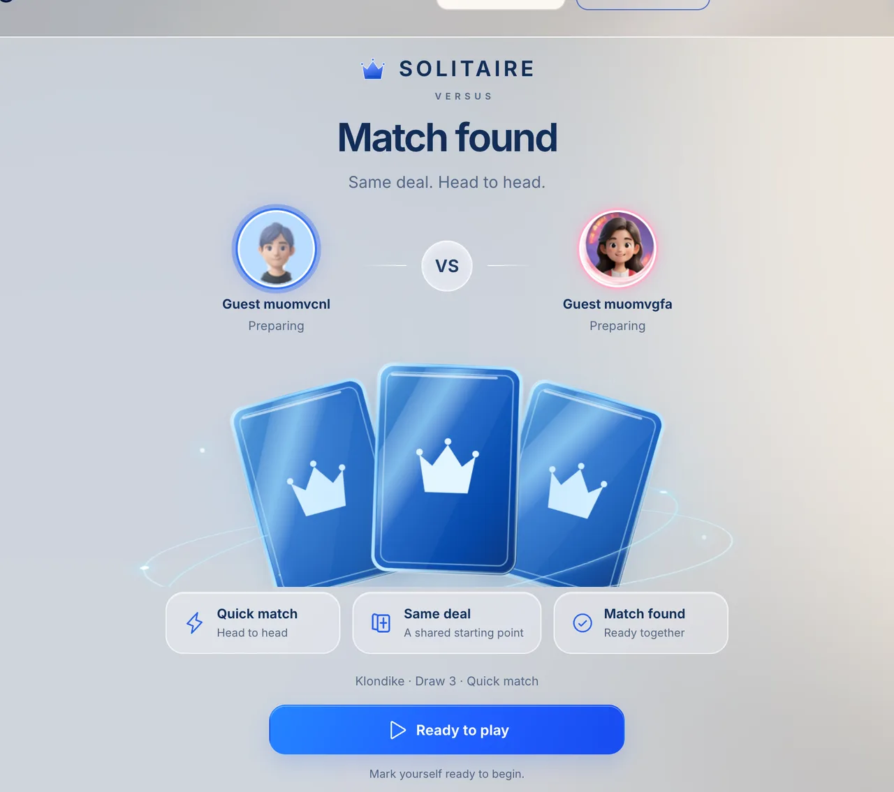 Match found screen for two players with the line “Same deal. Head to head.”