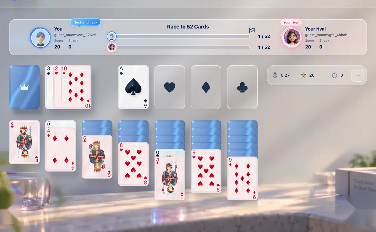 A VS board with the Race to 52 Cards bar showing both players’ progress.