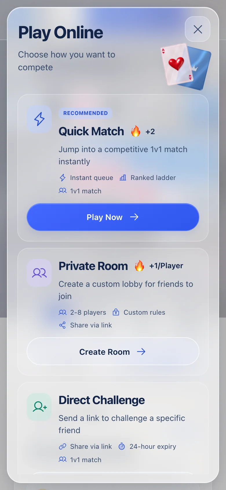 The Play Online panel on a phone: Quick Match, Private Room and Direct Challenge.